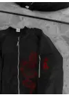 SBRD- Erkek Siyah Bomber Mont Kırmızı Ejderha Desenli Fermuarlı Cepli Kapitone Astarlı - Siyah