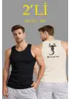 SBRD- Erkek Spor Slimfit Fitilli Kaşkorse Arka Basklı Atlet 2li Set Siyah-bej