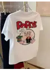 SBRD- Erkek T-shirt Oversize Kısa Kol Tişört Popeye Baskılı - Beyaz