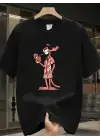 SBRD- Erkek T-shirt Pembe Panter Baskılı Kısa Kollu Tişört - Siyah