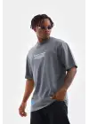 SBRD- Erkek Tişort  Bisiklet Yaka Baskılı Oversize T-shirt - Gri