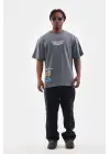 SBRD- Erkek Tişort  Bisiklet Yaka Baskılı Oversize T-shirt - Gri