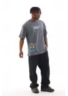 SBRD- Erkek Tişort  Bisiklet Yaka Baskılı Oversize T-shirt - Gri