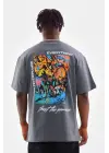 SBRD- Erkek Tişort  Bisiklet Yaka Baskılı Oversize T-shirt - Gri