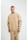 SBRD- Erkek Uzun Kol Bisiklet Yaka 3 İplik Pamuklu Kışlık Sweatshirt  - Bej