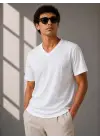 SBRD- Erkek V Yaka Basic Tişört Kısa Kol Yazlık Regular Fit T-shirt - Beyaz