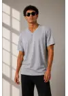 SBRD- Erkek V Yaka Basic Tişört Kısa Kol Yazlık Regular Fit T-shirt - Gri