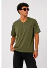 SBRD- Erkek V Yaka Basic Tişört Kısa Kol Yazlık Regular Fit T-shirt - Haki
