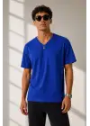 SBRD- Erkek V Yaka Basic Tişört Kısa Kol Yazlık Regular Fit T-shirt - Saks Mavisi