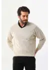 SBRD- Erkek V Yaka Kazak Uzun Kol Düz Dokuma Triko - Krem