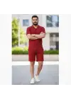SBRD- Erkek Waffle Kumaş Kısa Kol Gömlek Şort Takım Regular Yazlık İkili Set - Bordo