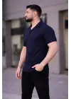 SBRD- Erkek Waffle Kumaş Kısa Kollu Düğmeli Açık Yaka Regular Fit Gömlek - Lacivert