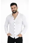 SBRD- Erkek Waffle Kumaş Uzun Kollu Düğmeli Açık Yaka Regular Fit Gömlek - Beyaz