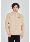 SBRD- Erkek Yarım Fermuarlı Baskılı 3 İplik Pamuklu Sweatshirt - Bej
