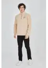 SBRD- Erkek Yarım Fermuarlı Baskılı 3 İplik Pamuklu Sweatshirt - Bej