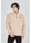 SBRD- Erkek Yarım Fermuarlı Baskılı 3 İplik Pamuklu Sweatshirt - Bej