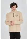 SBRD- Erkek Yarım Fermuarlı Baskılı 3 İplik Pamuklu Sweatshirt - Bej