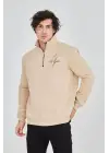 SBRD- Erkek Yarım Fermuarlı Baskılı 3 İplik Pamuklu Sweatshirt - Bej