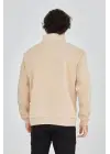 SBRD- Erkek Yarım Fermuarlı Baskılı 3 İplik Pamuklu Sweatshirt - Bej