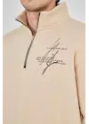 SBRD- Erkek Yarım Fermuarlı Baskılı 3 İplik Pamuklu Sweatshirt - Bej