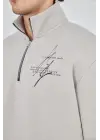 SBRD- Erkek Yarım Fermuarlı Baskılı 3 İplik Pamuklu Sweatshirt - Boyalı Gri