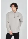 SBRD- Erkek Yarım Fermuarlı Baskılı 3 İplik Pamuklu Sweatshirt - Boyalı Gri