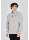 SBRD- Erkek Yarım Fermuarlı Baskılı 3 İplik Pamuklu Sweatshirt - Boyalı Gri