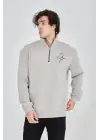 SBRD- Erkek Yarım Fermuarlı Baskılı 3 İplik Pamuklu Sweatshirt - Boyalı Gri