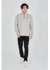 SBRD- Erkek Yarım Fermuarlı Baskılı 3 İplik Pamuklu Sweatshirt - Boyalı Gri