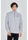 SBRD- Erkek Yarım Fermuarlı Baskılı 3 İplik Pamuklu Sweatshirt - Gri