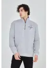 SBRD- Erkek Yarım Fermuarlı Baskılı 3 İplik Pamuklu Sweatshirt - Gri