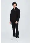 SBRD- Erkek Yarım Fermuarlı Baskılı 3  İplik Pamuklu Sweatshirt - Siyah