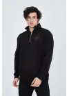 SBRD- Erkek Yarım Fermuarlı Baskılı 3  İplik Pamuklu Sweatshirt - Siyah