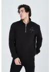 SBRD- Erkek Yarım Fermuarlı Baskılı 3  İplik Pamuklu Sweatshirt - Siyah