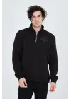 SBRD- Erkek Yarım Fermuarlı Baskılı 3  İplik Pamuklu Sweatshirt - Siyah