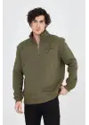 SBRD- Erkek Yarım Fermuarlı Baskılı 3 İplik Pamuklu Sweatshirt - Yeşil