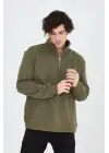 SBRD- Erkek Yarım Fermuarlı Baskılı 3 İplik Pamuklu Sweatshirt - Yeşil