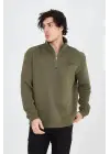 SBRD- Erkek Yarım Fermuarlı Baskılı 3 İplik Pamuklu Sweatshirt - Yeşil
