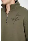 SBRD- Erkek Yarım Fermuarlı Baskılı 3 İplik Pamuklu Sweatshirt - Yeşil