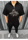 SBRD- Erkek Yarım Fermuarlı Baskılı Oversize T-shirt - Siyah