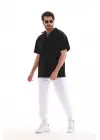 SBRD- Erkek Yarım Fermuarlı Düz Oversize T-shirt - Siyah