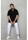 SBRD- Erkek Yarım Fermuarlı Düz Oversize T-shirt - Siyah