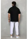 SBRD- Erkek Yarım Fermuarlı Düz Oversize T-shirt - Siyah