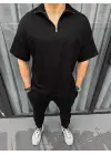 SBRD- Erkek Yarım Fermuarlı Kısa Kol T-shirt - Siyah