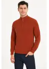 SBRD- Erkek Yarım Fermuarlı Triko Kazak Selanik Örgü Dik Yaka Pamuklu Dokuma Regular - Kiremit