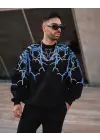 SBRD- Erkek Yıldırım Baslılı Bisiklet Yaka 3 İplik Pamuklu Sweatshirt - Siyah