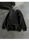 SBRD- Kadın 3 İplik Kışlık Pamuklu Bisiklet Yaka Oversize Baskılı Sweatshirt - Siyah