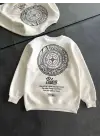 SBRD- Kadın 3 İplik Pamuklu Bisiklet Yaka Baskılı Sweatshirt - Beyaz