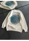 SBRD- Kadın 3 İplik Pamuklu Bisiklet Yaka Baskılı Sweatshirt - Beyaz