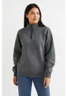 SBRD- Kadın 3 İplik Pamuklu Dık Yaka Yarım Fermuarlı Sweatshirt - Antrasit